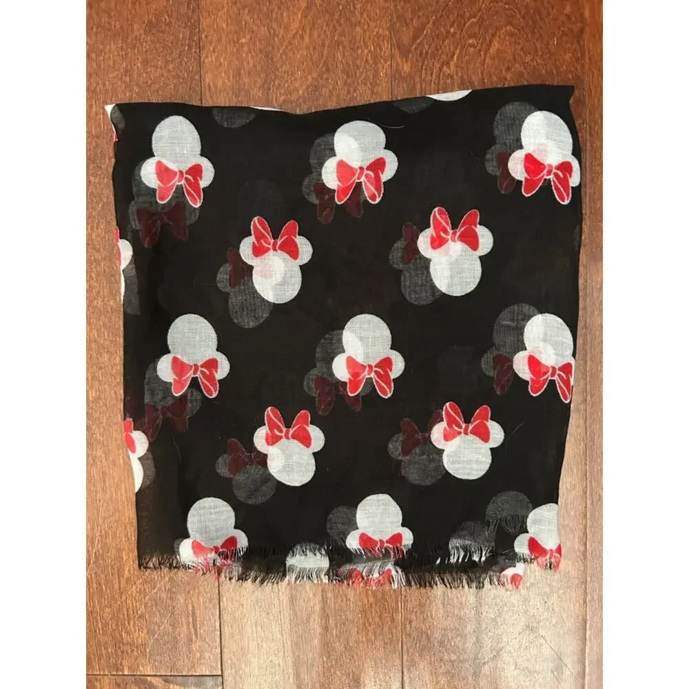 Disney Black Scarf, White Minnie Mouse Silhouette with Red Bow Print, Rectangle